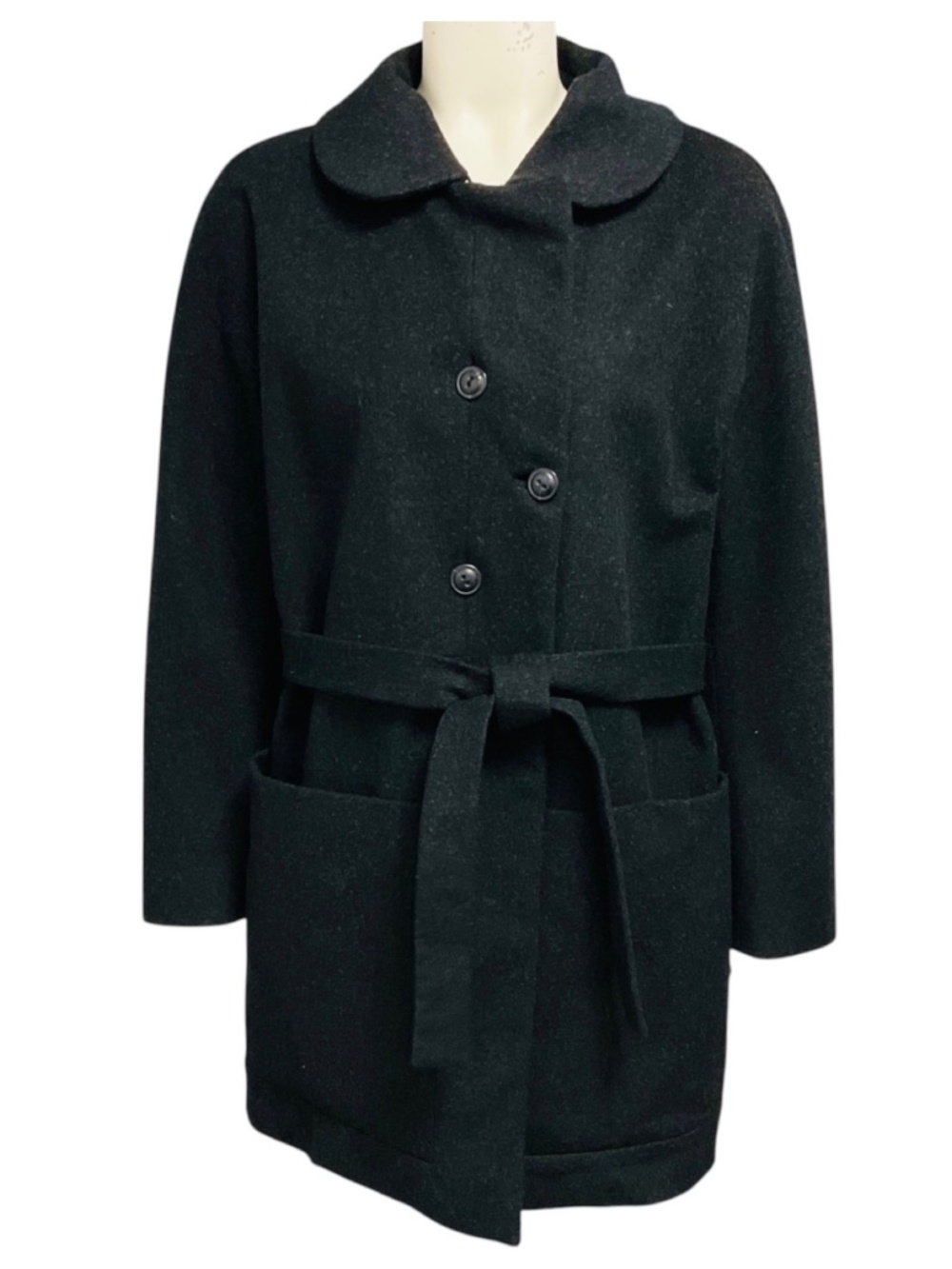 CHLOE ANTHRACITE GREY BELTED WOOL COAT WITH ASYMMETRICAL BUTTONS